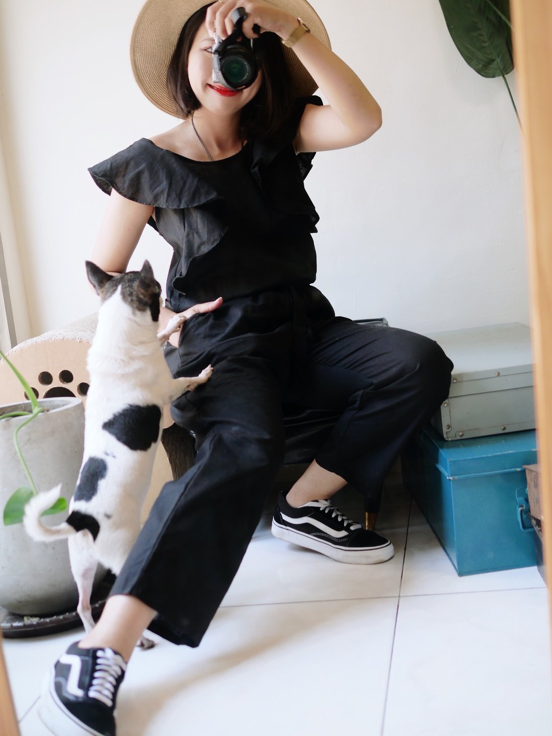 墨日纯黑浪漫荷叶袖周末庆典 古董麻质吊带长裤 vintage overalls - 背带裤/连体裤 - 棉 黑色