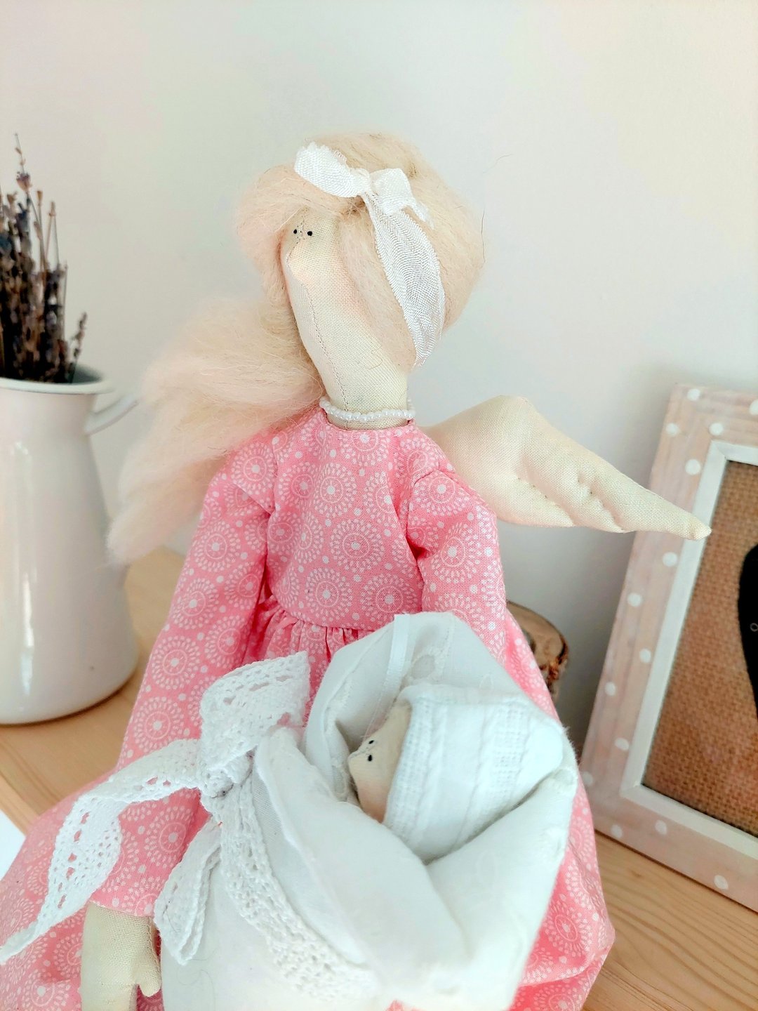 Interior doll Tilda mom with baby Angel Decor doll Textile Doll Home decor doll - 玩偶/公仔 - 棉 粉红色
