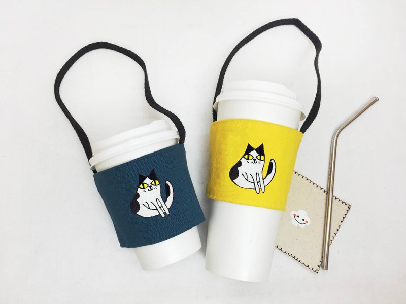 包邮 环保杯套-发呆乳牛猫(可绘中英文名字) - 随行杯提袋/水壶袋 - 棉．麻 多色