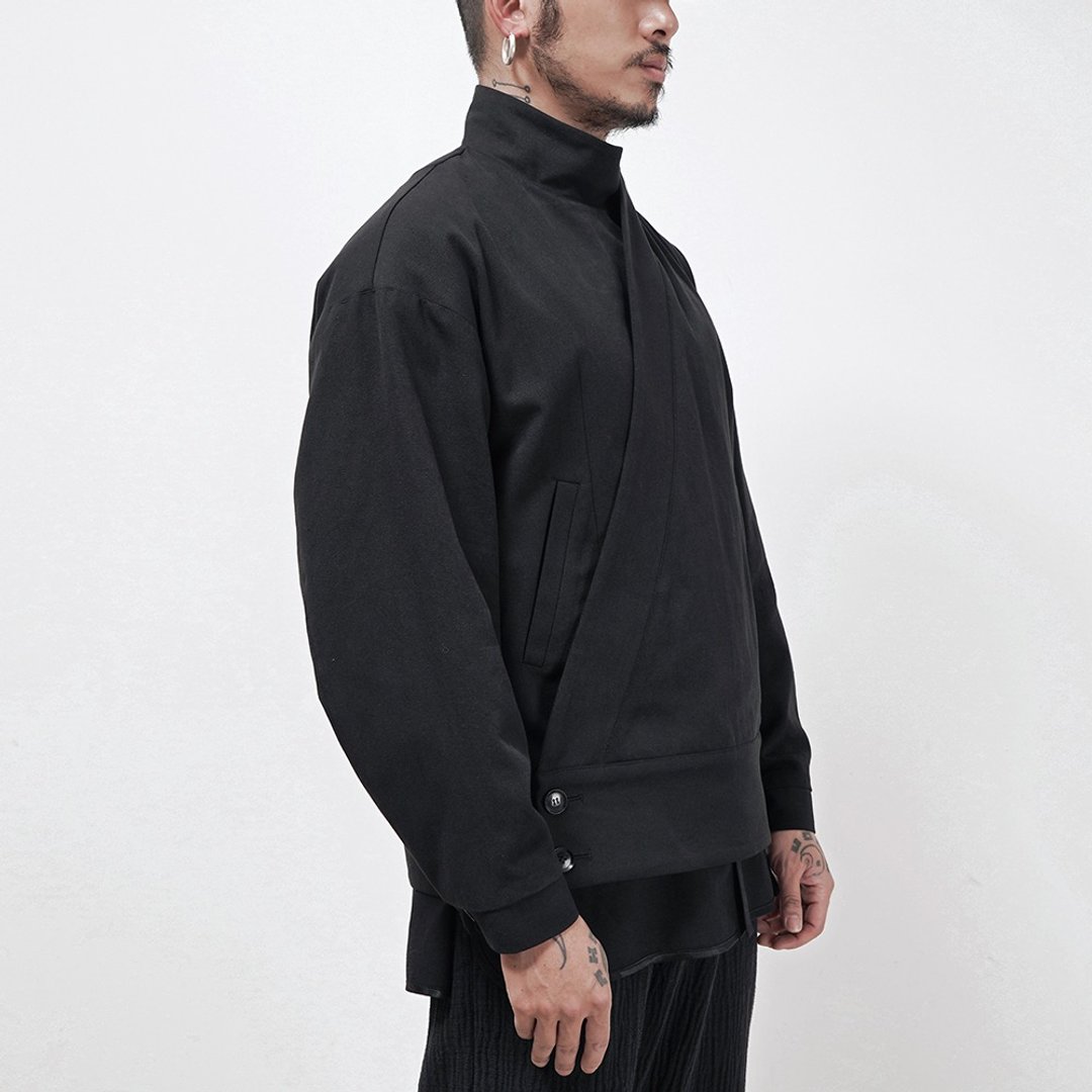 復古中國風曲领漢服式工裝感長袖外套短夾克 - 男装外套 - 棉 黑色