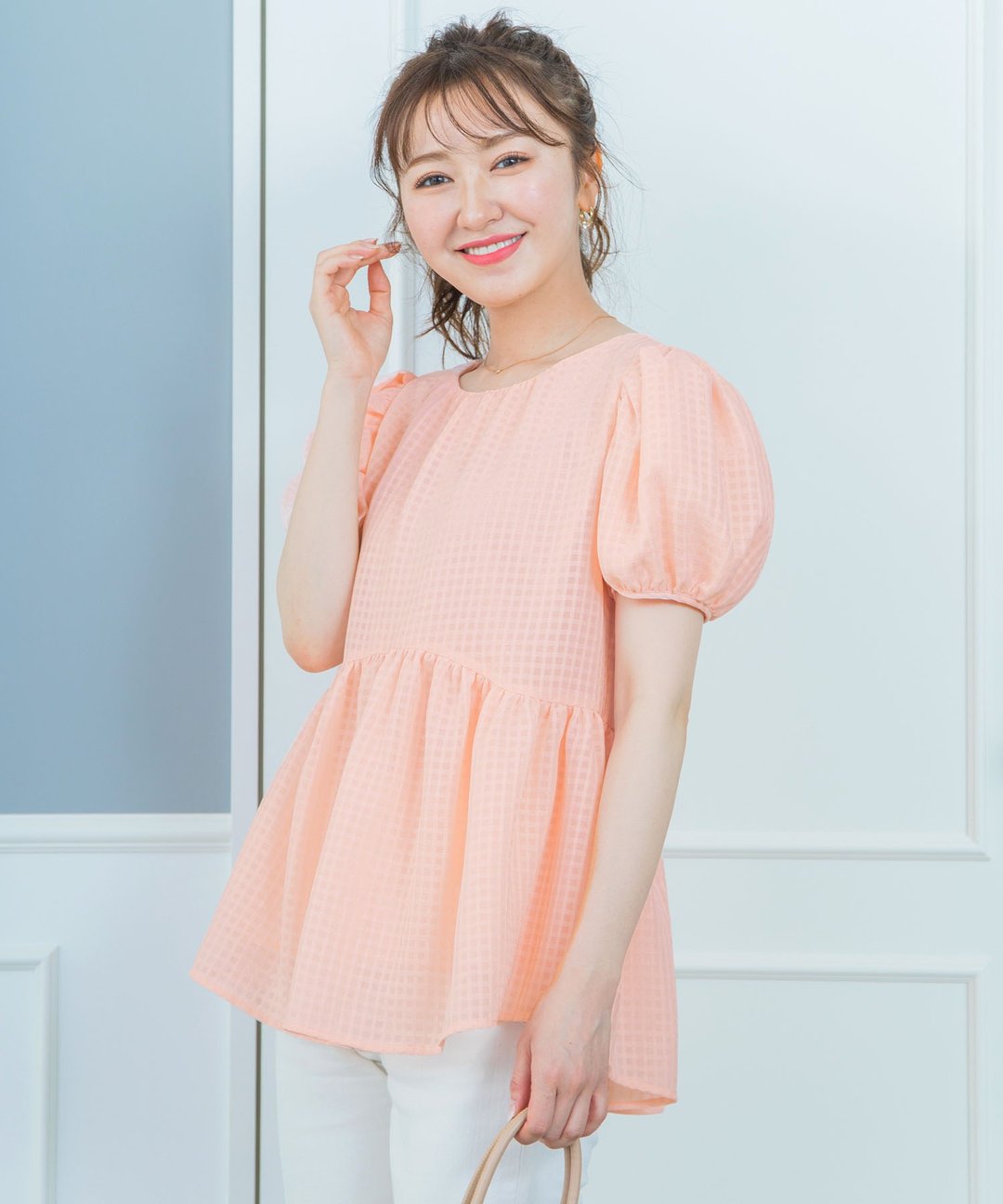 Blouse Shear check puff sleeve blouse / and Cherim - 女装衬衫 - 棉．麻 粉红色