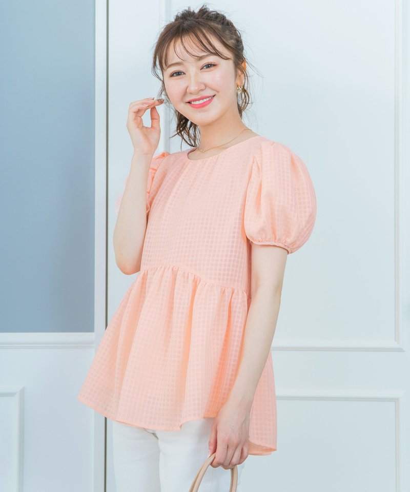 Blouse Shear check puff sleeve blouse / and Cherim - 女装衬衫 - 棉．麻 粉红色