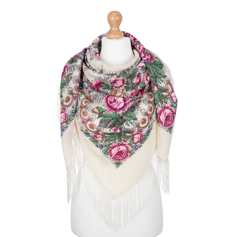 帕夫洛沃帕萨德 俄罗斯围巾 100% 羊毛 披肩 125x125 厘米 丝绸流苏 设计款 555-1 - 丝巾 - 羊毛 白色