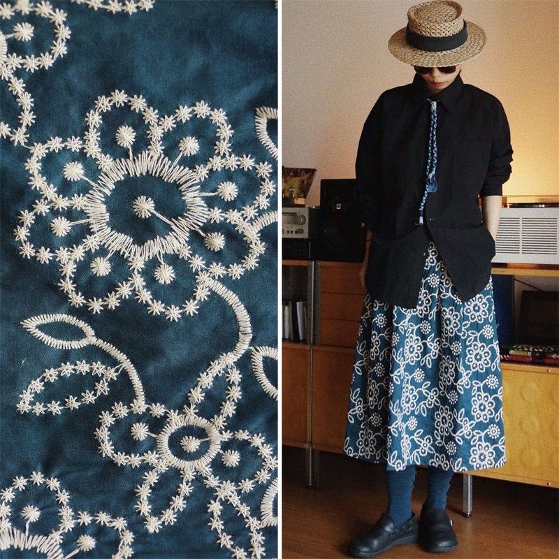 黛青色 口袋款復古半身裙 亞麻花朵刺繡面料 松緊腰休閒 - 裙子 - 棉．麻 蓝色