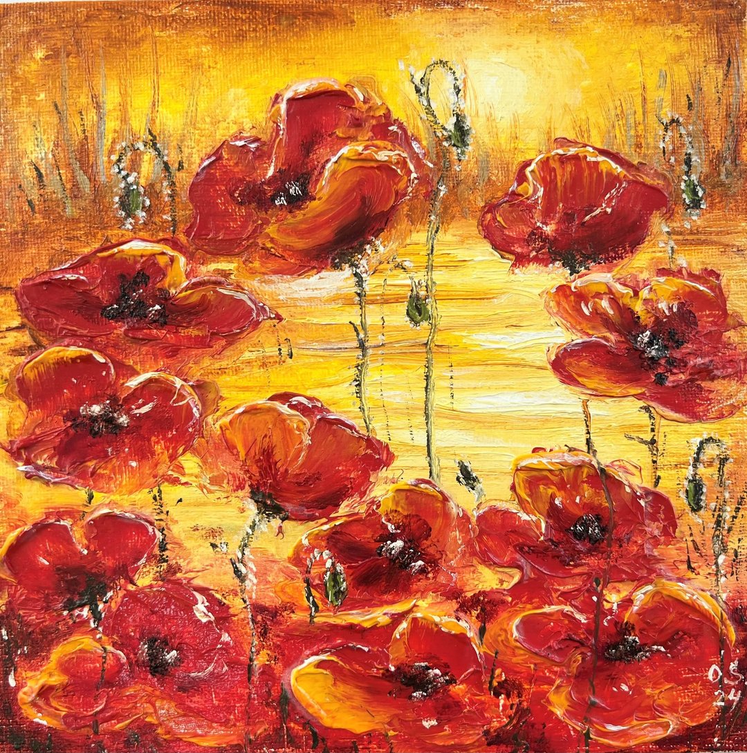 罂粟画花卉原创艺术 20x20 厘米/ 8x8 英寸，作者：Oksana Stepanova - 海报/装饰画/版画 - 棉 多色