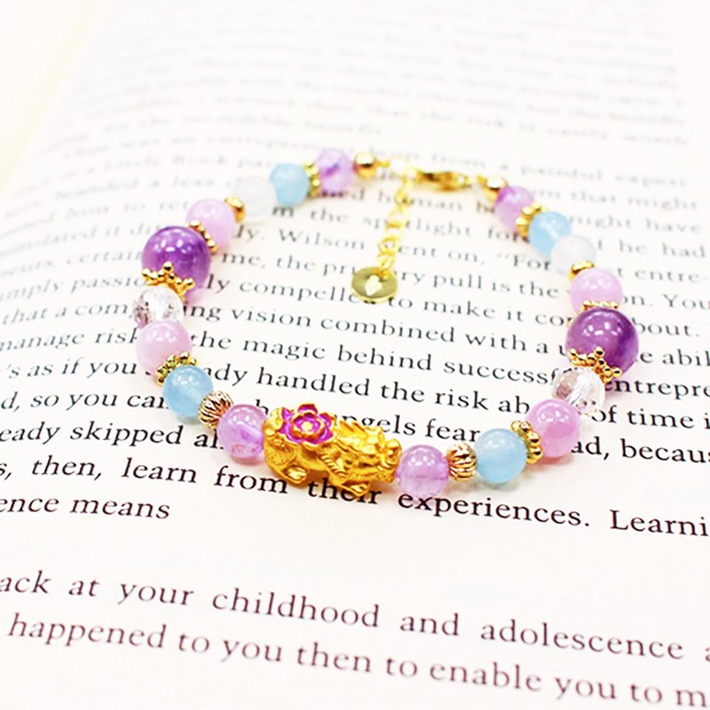 9999黄金::附黄金保证书 薰衣草紫水晶/白水晶 花貔貅手链 - 手链/手环 - 24k 金 紫色