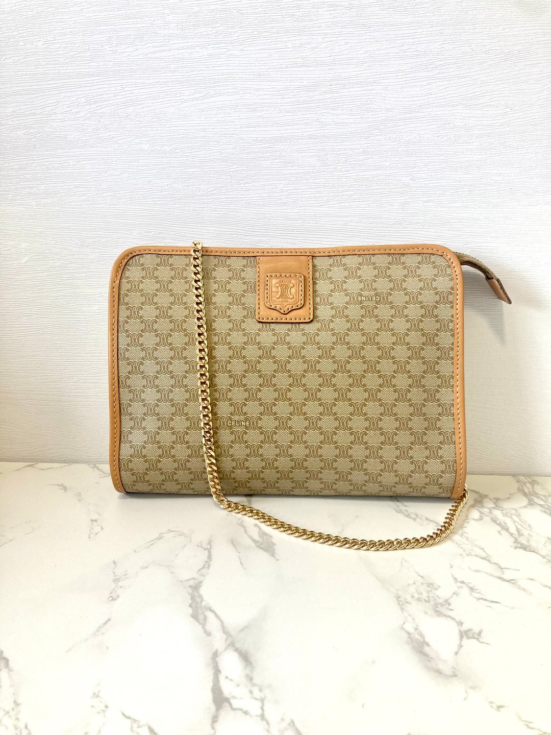 中古包 Celine 米咖色老花侧背包 斜背包 皮革包 单肩包 斜孭包 - 侧背包/斜挎包 - 真皮 咖啡色