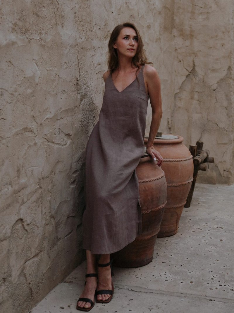 棕色长款吊带裙 / 送给波西米亚灵魂的精致礼物 - 洋装/连衣裙 - 亚麻 咖啡色