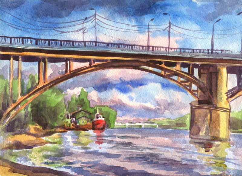 landscape ORIGINAL WATERCOLOR PAINTING bridge ship Picture on the wall - 海报/装饰画/版画 - 纸 蓝色