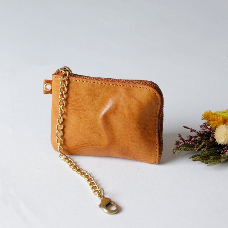 牛皮零钱包 卡包 附链条 焦糖色 小物收纳包 - 零钱包 - 真皮 橘色