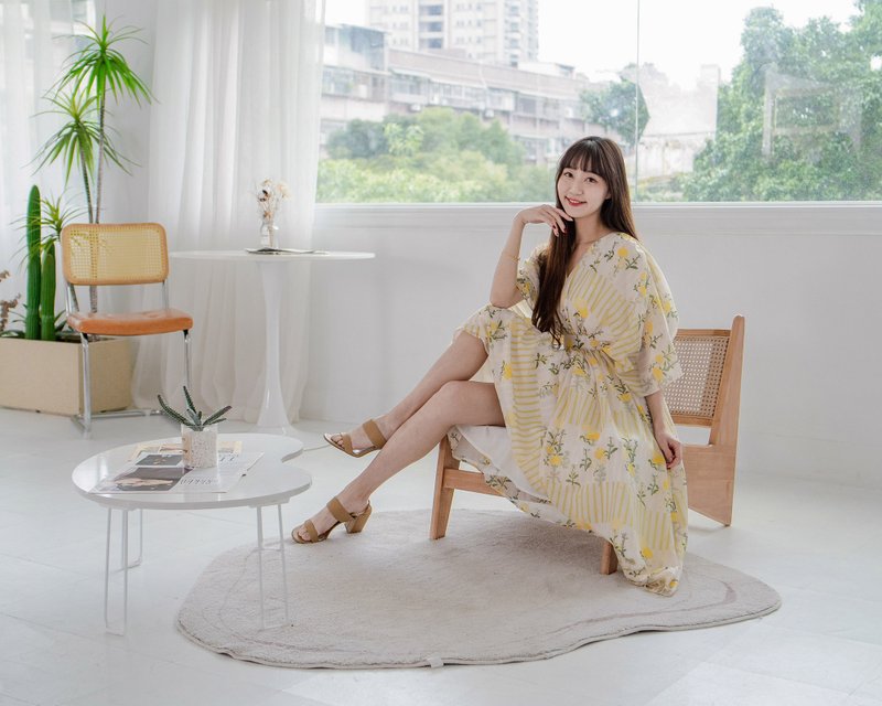 【波丽印花】维纳斯女神洋装 v领 日本千叶 油菜花 长裙 - 洋装/连衣裙 - 棉．麻 黄色