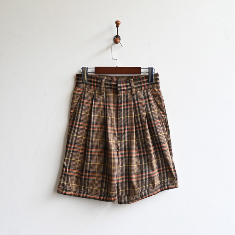 【蛋植物古着】铁桥格纹高腰阔腿古着短裤 - 女装短裤 - 其他人造纤维 咖啡色