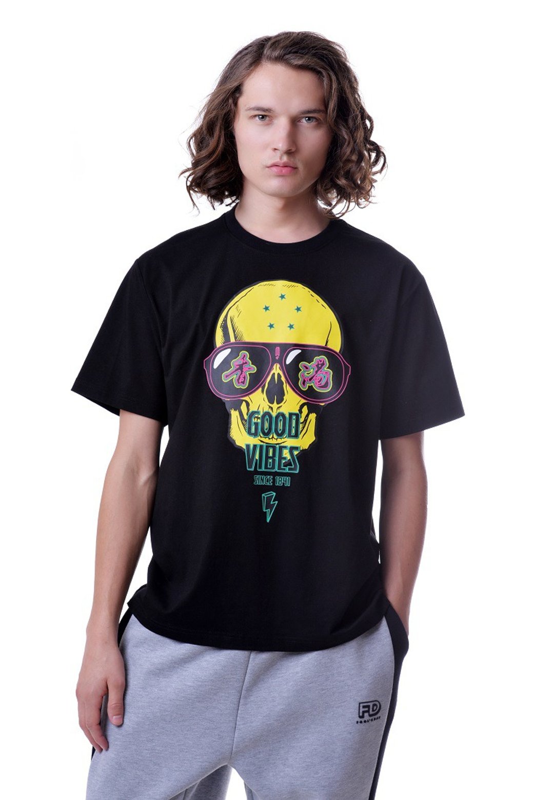 美国Fools Day Good Vibes Yellow Print Tee - 中性连帽卫衣/T 恤 - 棉 黑色