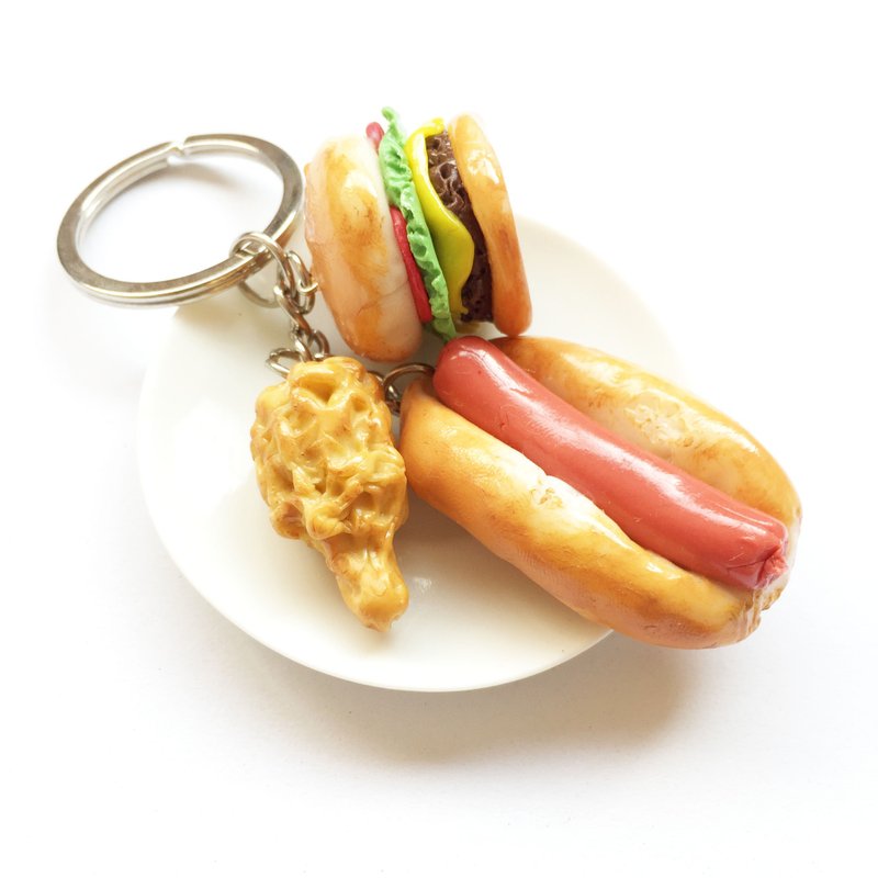 Keychain Hamburger + Fried Chicken + Hot Dog - 钥匙链/钥匙包 - 粘土 粉红色