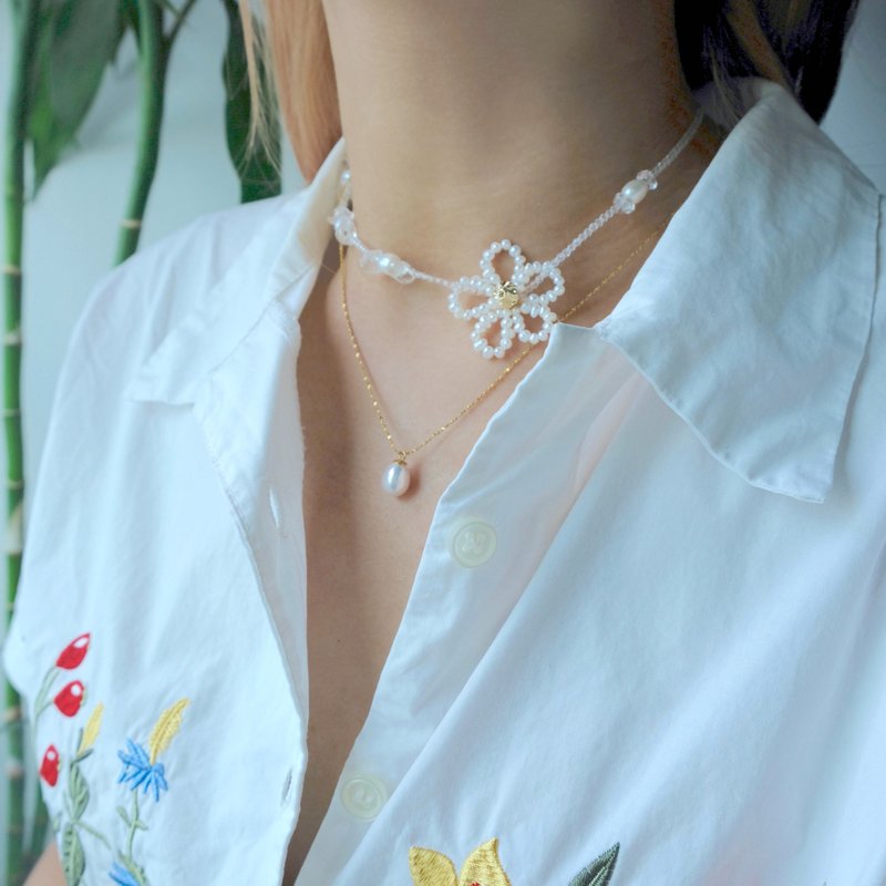 日系浪漫花花 淡水珍珠 白水晶 颈链 锁骨链 CHOKER C141 - 锁骨链 - 珍珠 白色