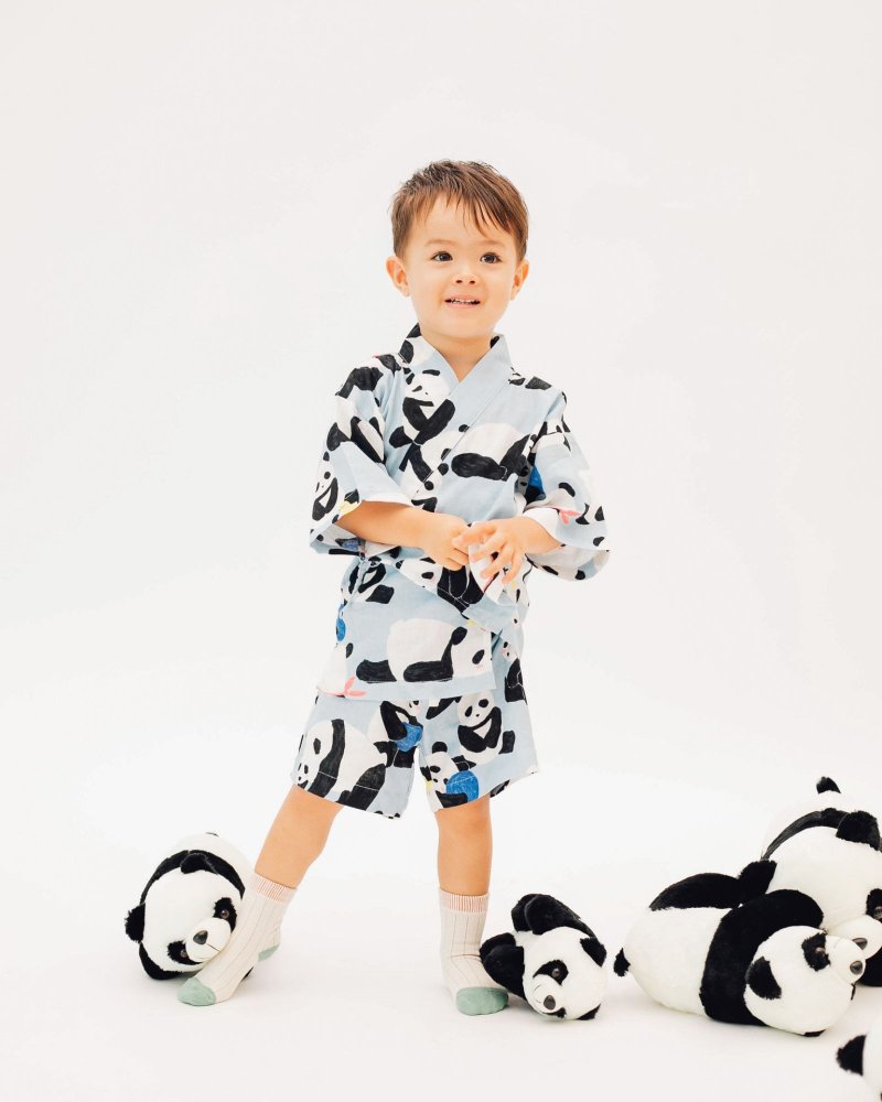 蓝色熊猫浴衣 - 童装上衣 - 棉．麻 蓝色