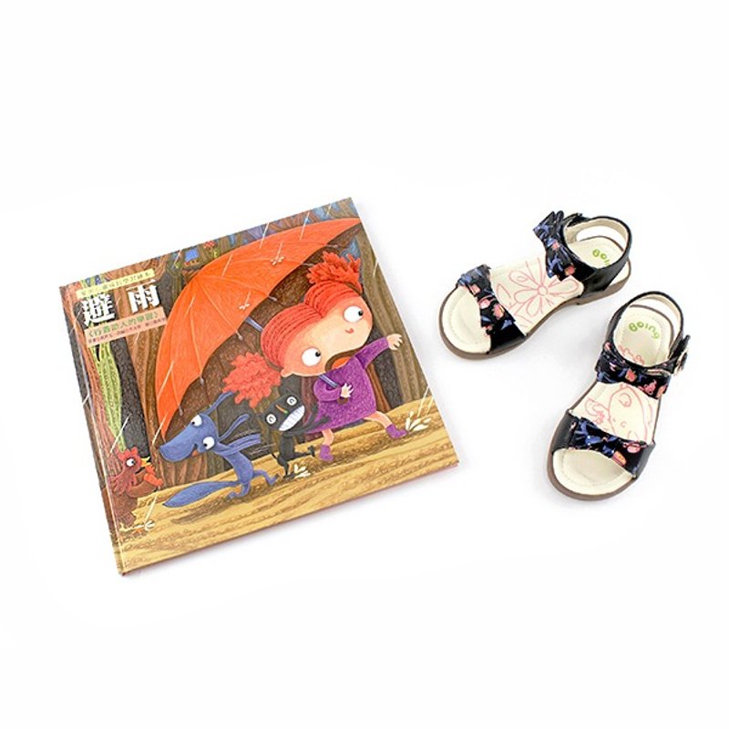 故事凉鞋 – 黑色双蝴蝶结避雨(超值组合鞋+绘本) - 童装鞋 - 真皮 黑色