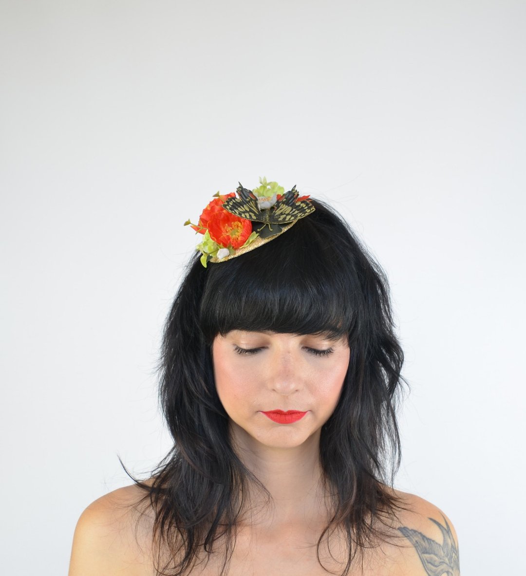 Headpiece Fascinator with Yellow Butterfly Silk Poppy Flowers in Orange - 发饰 - 其他材质 红色