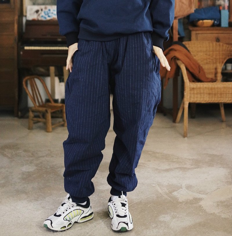 墨藍色條紋 寬鬆束腳蘿蔔褲 可調節鬆緊腰運動寬褲 老爺褲休閑褲 - 女装长裤 - 棉．麻 蓝色