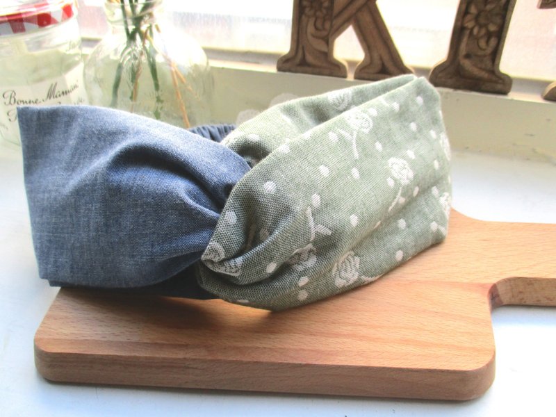 交叉发带(松紧手工)-日系双色/绿玫瑰 - 发饰 - 棉．麻 多色