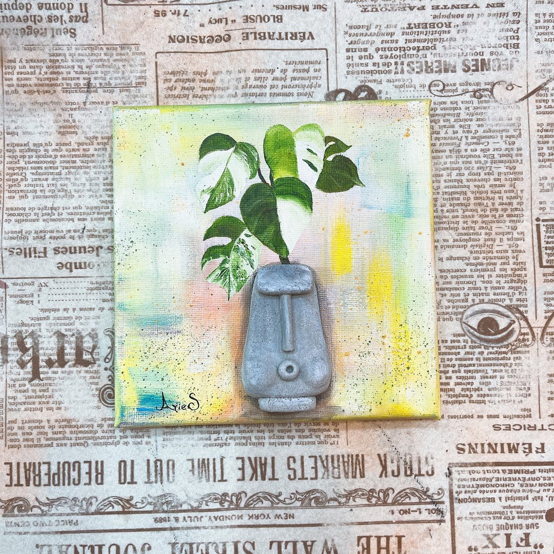 摩艾人像 龟背叶 景观植物黏土画 油画作品 无框画 礼物 情人节 - 海报/装饰画/版画 - 棉 