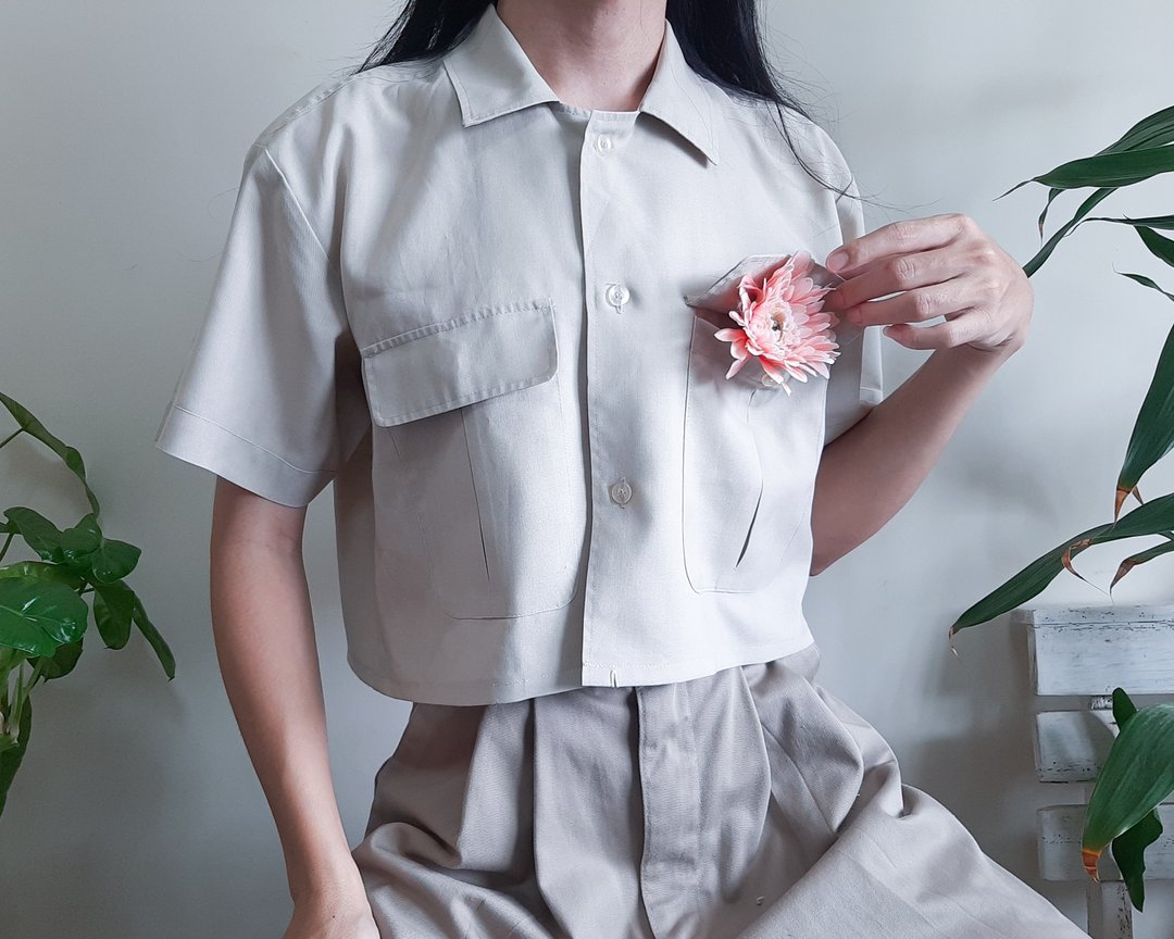 复古卡其色工装短袖露脐上衣 米色纯棉 尺码 M-L - 女装衬衫 - 棉 卡其色