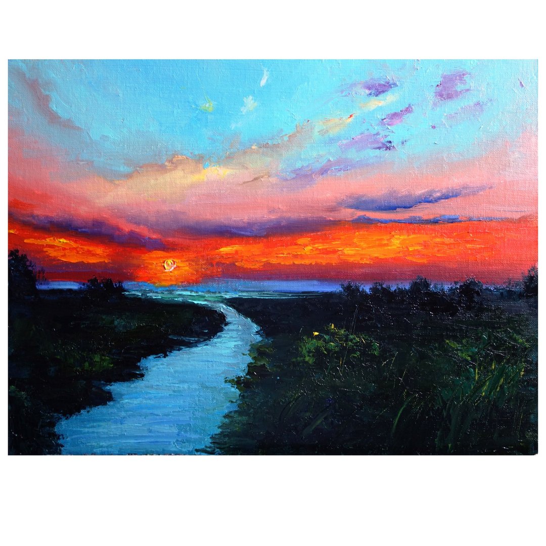 Wildflower Oil Painting Original Art Landscape Artwork Sunset Canvas Art Impasto - 海报/装饰画/版画 - 颜料 多色