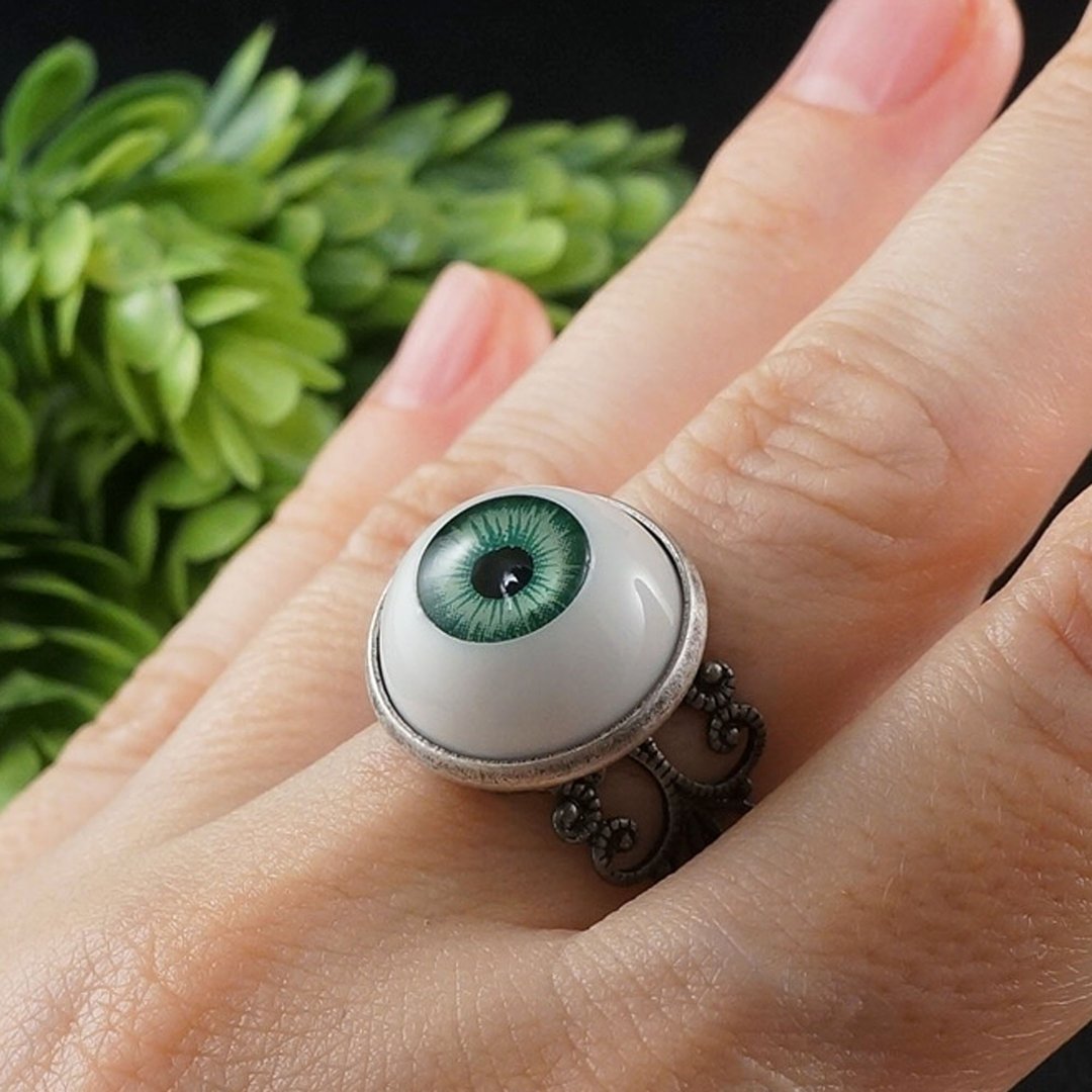 Green Human Eye Ring Evil Eye Silver Adjustable Protection Amulet Ring Jewelry - 戒指 - 其他材质 绿色