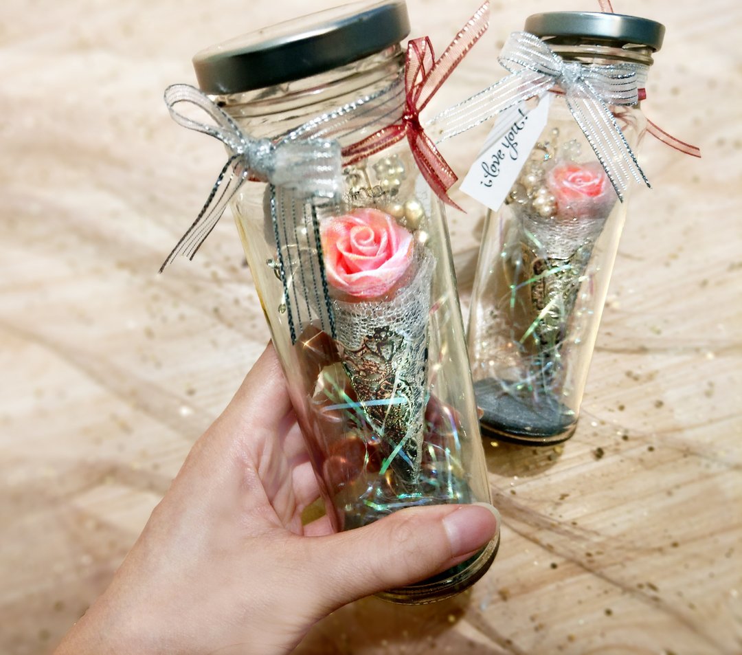 珍珠粉红甜筒小花束 闪亮玻璃瓶 (情人节礼盒 婚礼小物) - 干燥花/捧花 - 玻璃 粉红色