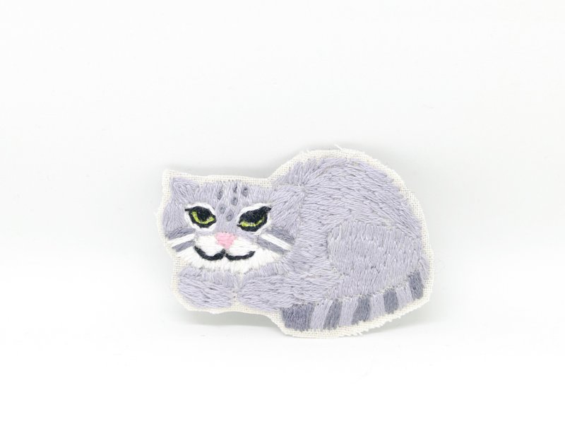 Embroidery brooch Manul cat - 胸针 - 棉．麻 灰色