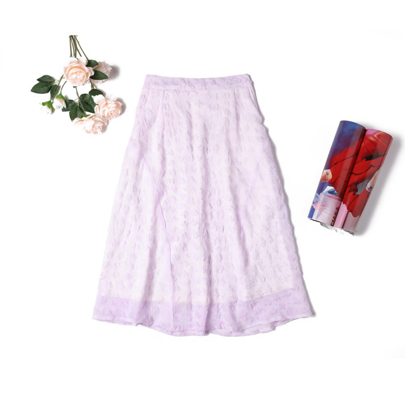 水墨印花雪纺中场半截裙|紫色|有里衬 - 裙子 - 聚酯纤维 紫色