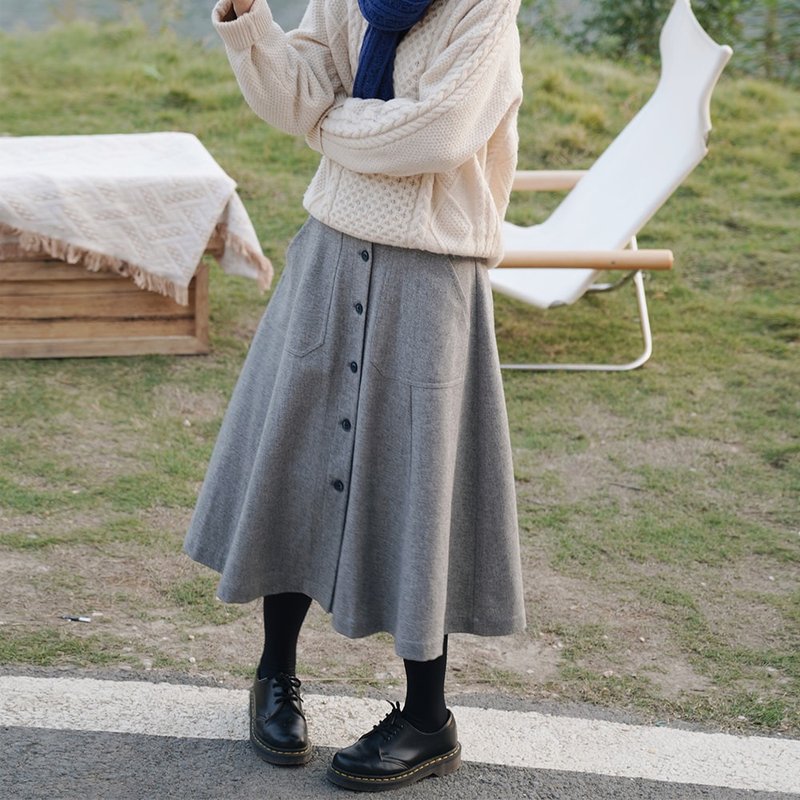 烟灰色高腰半身裙|裙子|秋冬款|羊毛混纺|Sora-859 - 裙子 - 羊毛 灰色