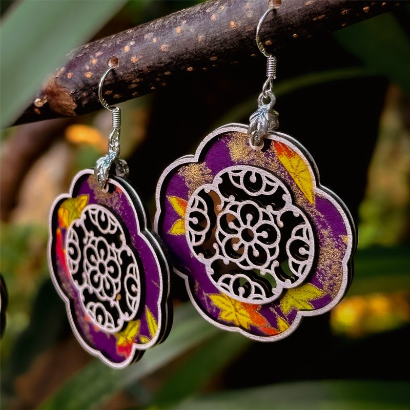 【日花格纸】八重梅-木格镂空窗花和纸垂吊大耳环 - 耳环/耳夹 - 木头 