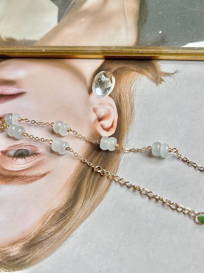 缅甸玉A货翡翠-高冰白翡算盘珠翡翠14k包金手链 礼物 天然石 定制 - 手链/手环 - 玉石 金色