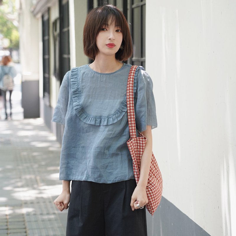 苎麻木耳边短袖衬衫|衬衫|夏款|苎麻|Sora-487 - 女装衬衫 - 亚麻 蓝色