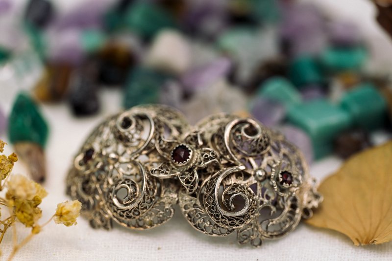 石榴石掐丝银胸针 - 西洋古董首饰 - 胸针 - 银 