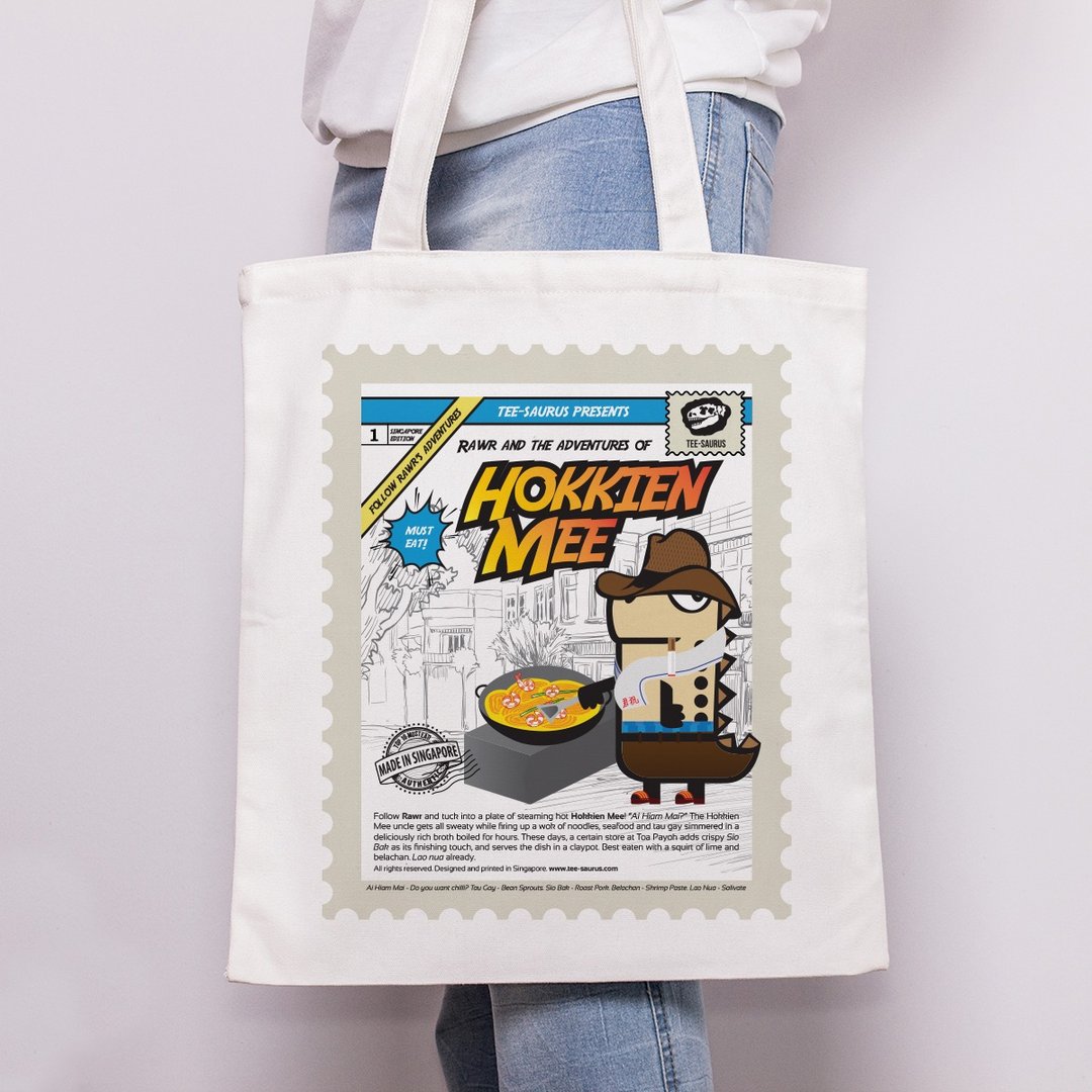Tee-Saurus Happy Totes - Singapore Hokkien Prawn Mee Cotton Tote Bag - 手提包/手提袋 - 棉 