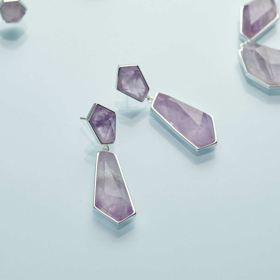 几何质感长耳环 (紫晶) - 耳环/耳夹 - 半宝石 紫色