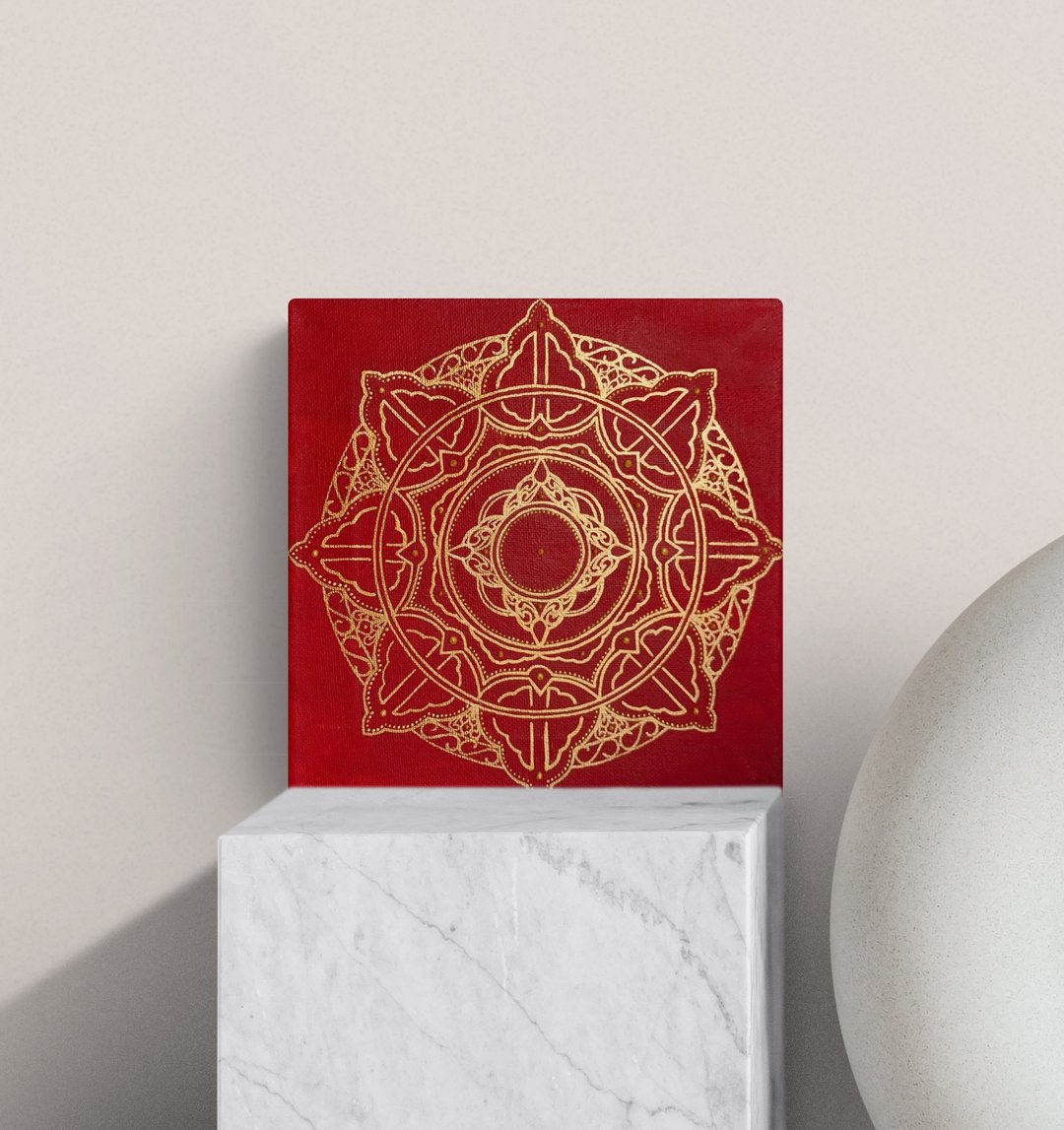 Red golden mandala Colorful spiritual decor Symbolic painting Meditation art - 墙贴/壁贴 - 压克力 红色