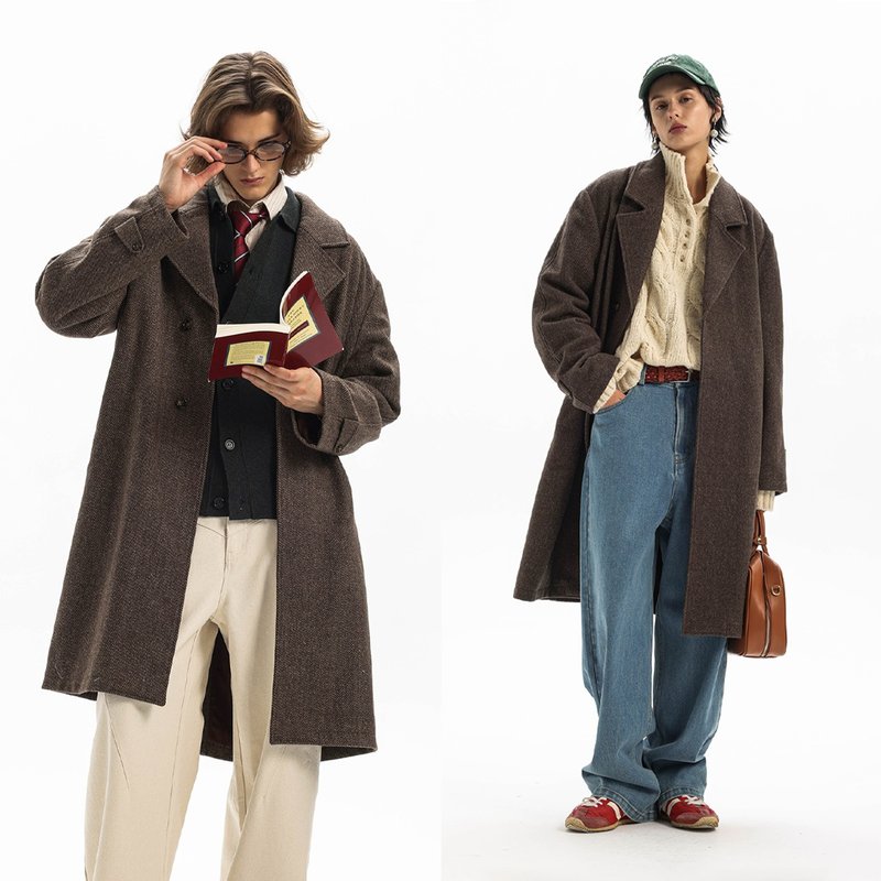 【800g 羊毛混纺】Unvesno(UN)老钱Row风粗砂西装领长款毛呢大衣 - 男装外套 - 其他材质 