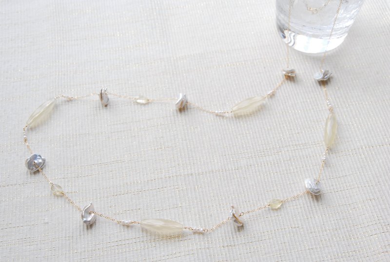 Lemon quartz and pearl spring necklace 14kgf - 项链 - 半宝石 黄色