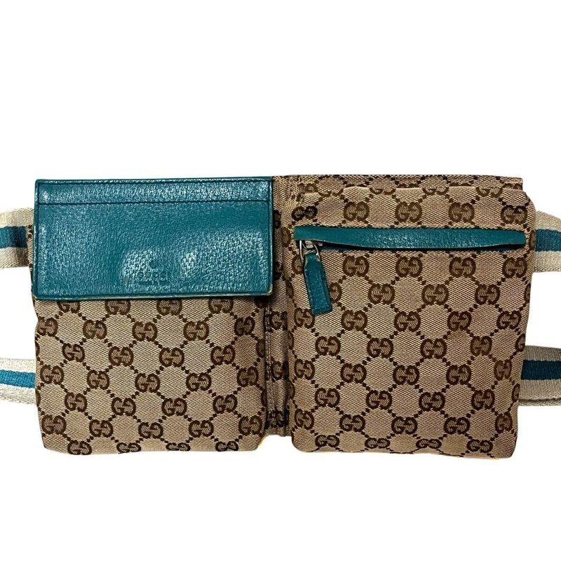 正品 GUCCI 古驰 腰包 侧背包 小包 GG帆布 米色 绿色 28566 中古 - 其他 - 其他材质 