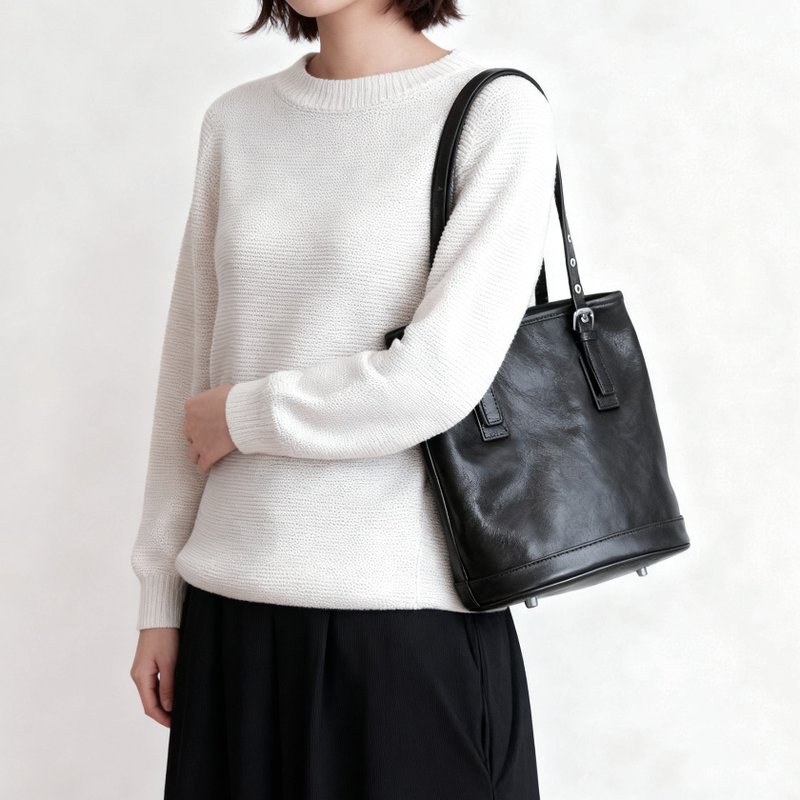 休闲真皮托特包 通勤包 大容量副包 黑色 - 侧背包/斜挎包 - 真皮 黑色