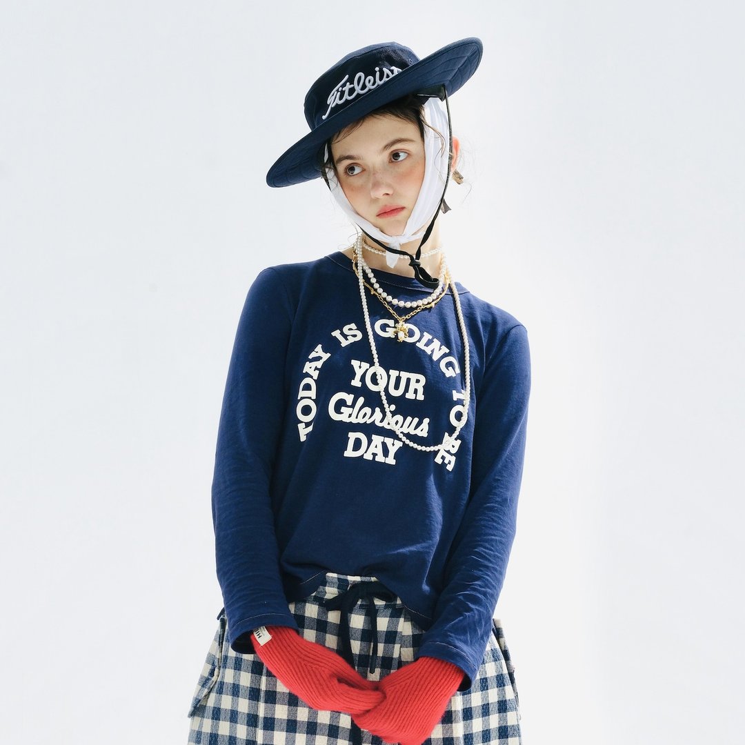 藏蓝色字母印花长袖T恤 / 上衣 T-shirt - 女装上衣 - 棉 蓝色