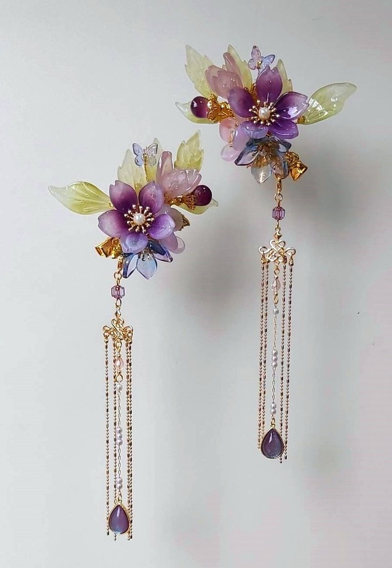 古风琉璃系列【蝶舞紫樱】对夹~可拆式流苏(送同款耳环)~ - 发饰 - 玻璃 紫色