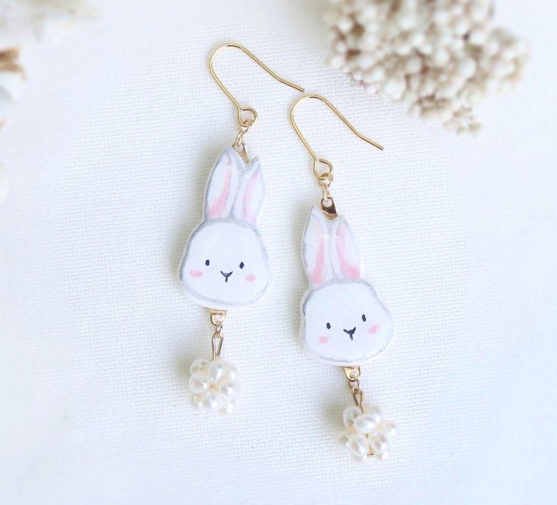 兔子 耳环 淡水 珍珠 耳环 / 耳夹 /手作 - 耳环/耳夹 - 粘土 白色