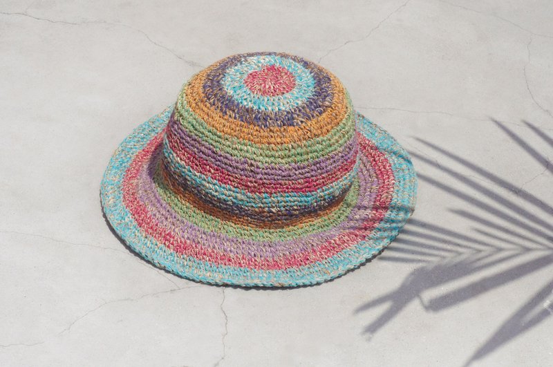 限量一件 手工编织棉麻帽/编织帽/渔夫帽/遮阳帽/草帽 - 彩霞天空 南美缤纷条纹 手织帽 - 帽子 - 棉．麻 多色