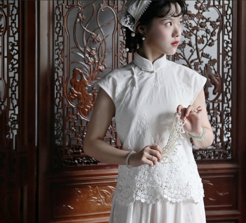 【明月霜】民国复古风 纯棉立体绣花盖肩袖中式上衣 - 女装上衣 - 棉．麻 白色