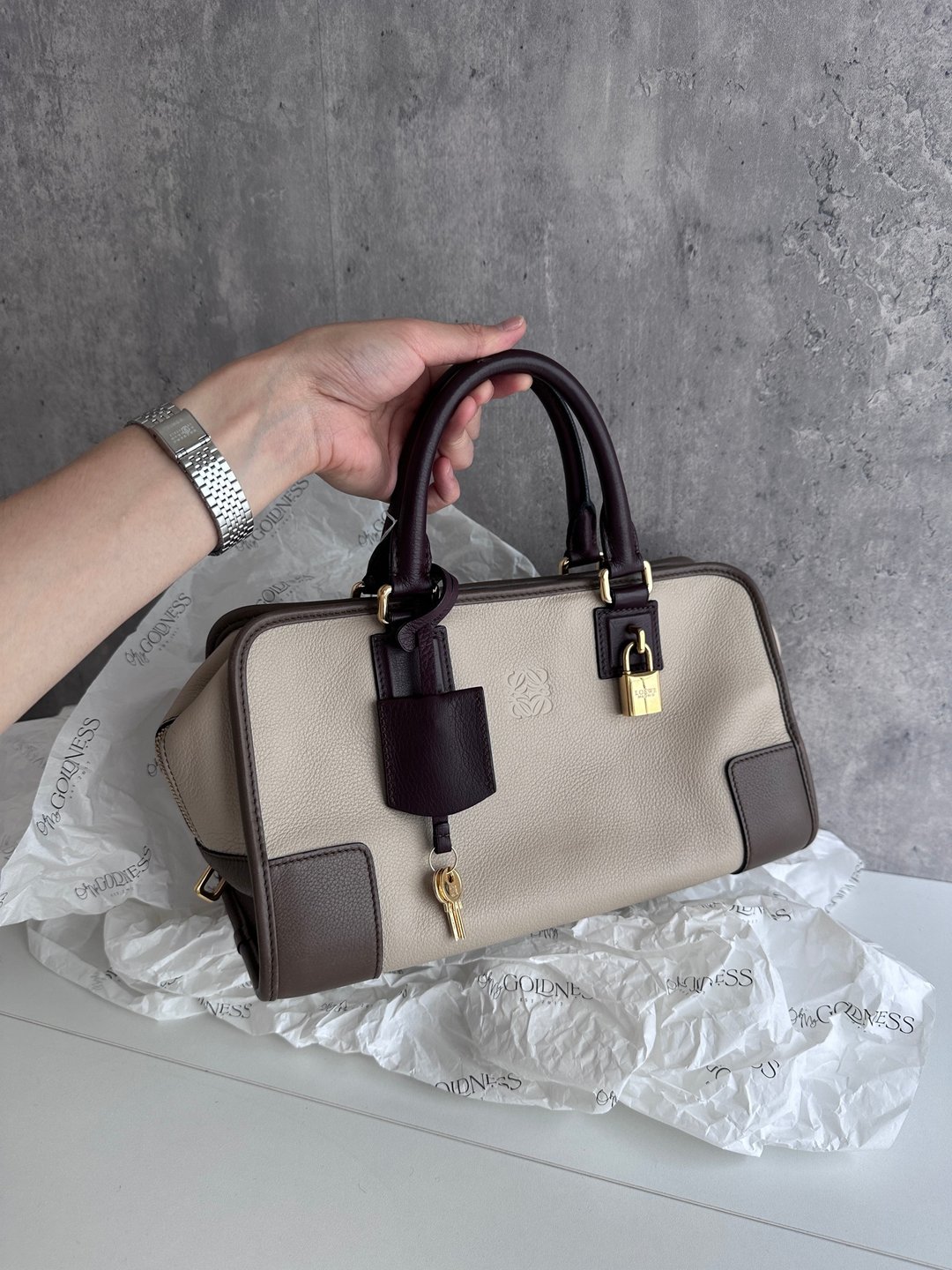 中古包 LOEWE 罗意威 Amazona 28 锁头拼皮手提包 - 手提包/手提袋 - 真皮 卡其色