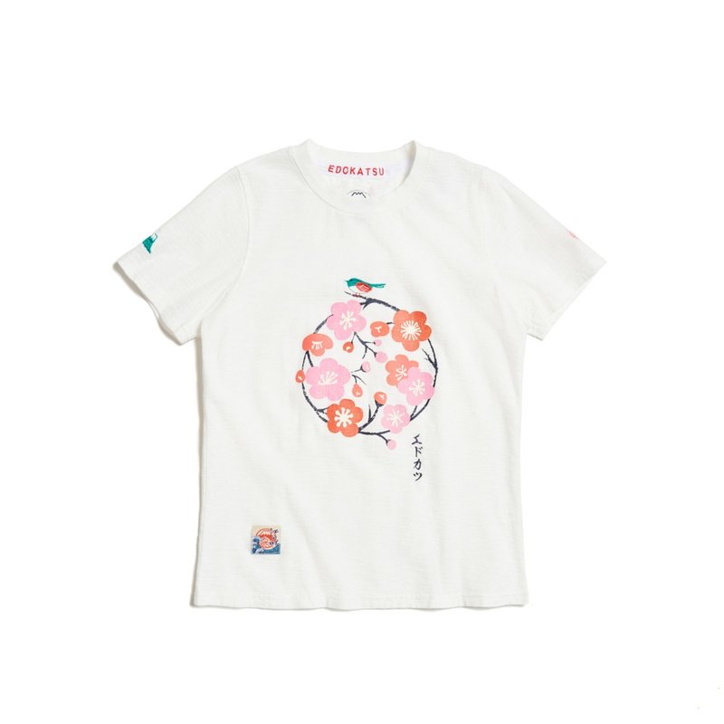 江户胜 日系 女装 经典花与鸟短袖T恤(米白色) #上衣 - 女装 T 恤 - 棉．麻 白色